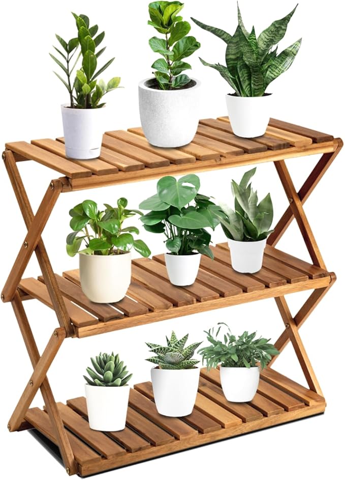 BEEFURNI Acacia Plant Stand Indoor, Wooden Outdoor Plant Stand, Foldable Plant Stand, 3 Tier Conner Space Flower Stand, Plant Ladder Stand (Natural)