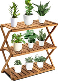 BEEFURNI Acacia Plant Stand Indoor, Wooden Outdoor Plant Stand, Foldable Plant Stand, 3 Tier Conner Space Flower Stand, Plant Ladder Stand (Natural)