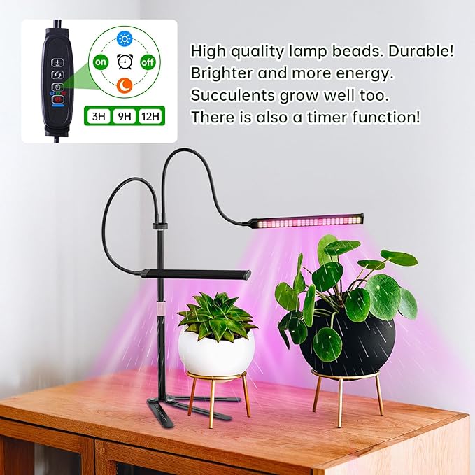 Super-Energy Tabletop LED Grow Lights 9.8"-32"Height Adjustable for Indoor Small/Medium Plants 6000K Full Spectrum with 3 Dimmable Model,Auto On Off Timing 3 9 12Hrs,5 Brightness(2Strip Black)