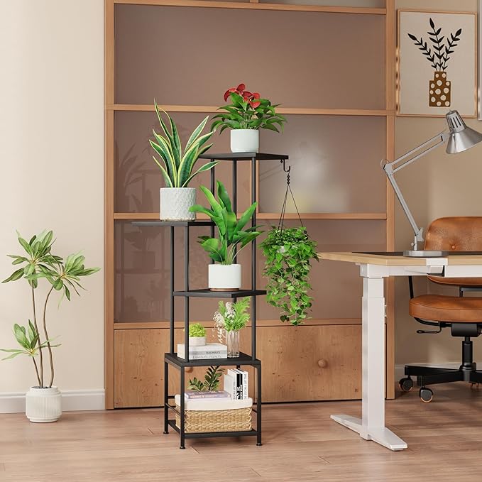 Homsorout Plant Stand Indoor with Grow Light, 5-Tiered Tall Plant Stand Indoor, Metal Plant Shelf with Hanging Basket Hook and Adjustable Light, Ideal for Living Room, Garden, Patio (Black )