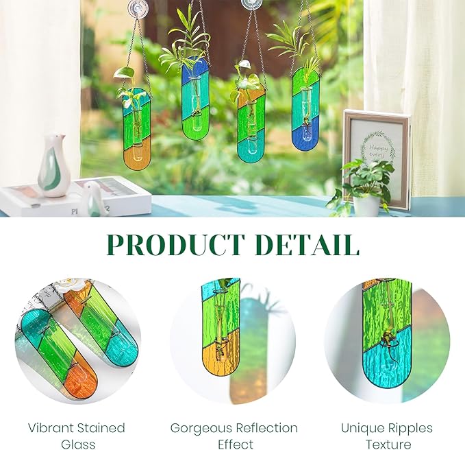 Hewory Stained Glass Plant Propagation Hanging 2 Pcs Propagation Station Planters for Window Wall Decor - Unique Hydroponic Propagated Plant Holder for Kitchen Gifts for Mom