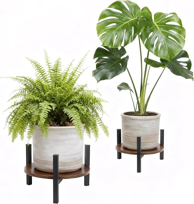 Vigordream Plant Stand Indoor, Heavy Duty Sturdy Metal Wooden Plant Holder Stool, Low Short Single Flower Pot Stand Decoration Racks for Home, Patio &Garden (Dark Brown, Large (2pack))
