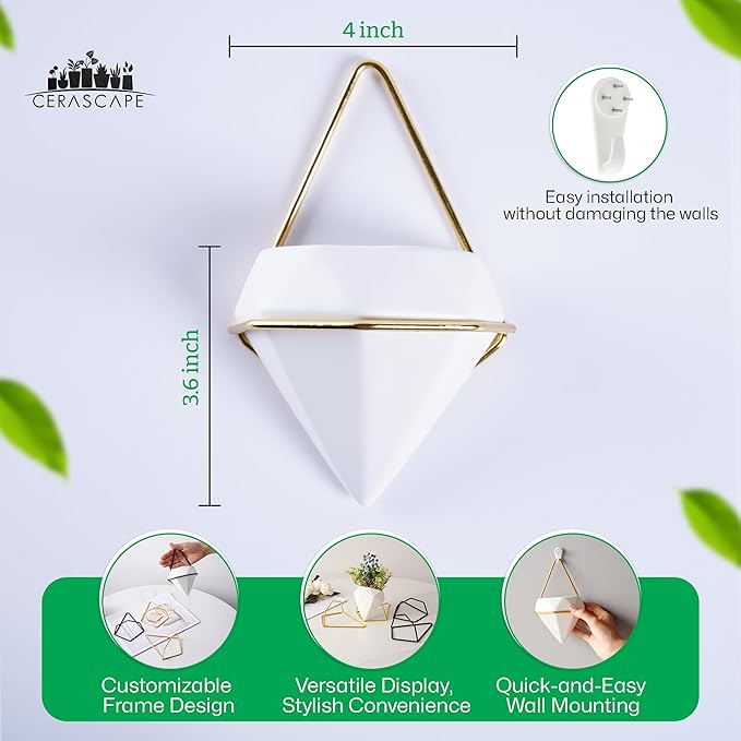 CeraScape Indoor Wall Hanging Planter, 2 Pot Set, Modern Geometric Diamond Display for Succulent, Air, Faux Plants, Boho Home and Office Decor, Gold and Black Frames (White)