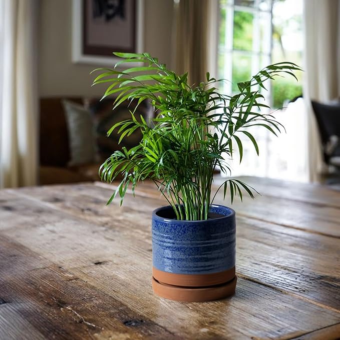 HERDUK 6 Inch Plant Pots, Ceramic Planter Pot with Drainage Hole & Saucer, Indoor/Outdoor Cylinder Round Planter Pot, Aqua Blue & Terracotta Red