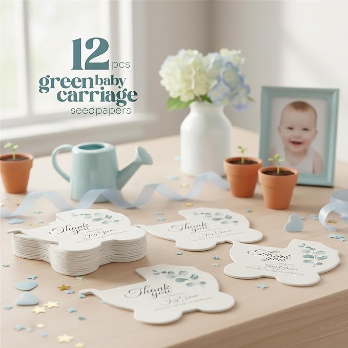 12pcs Green Carriage-Shaped Gift Tags with Wildflower Seeds - Writable Gift Wrap Tags for Baby Showers, Mother's Day Present, Party Favors, DIY Crafts, & Earth Day Decorations