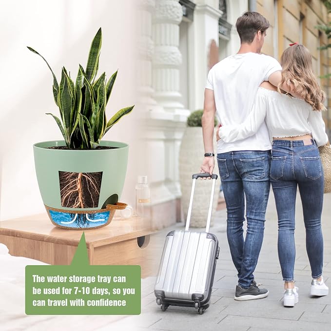 UOUZ Large Self Watering Pots, 12/10/9 Plastic Planters with High Drainage Holes and Deep Reservoir for Indoor Outdoor Garden Plants and Flowers, Green with Brown