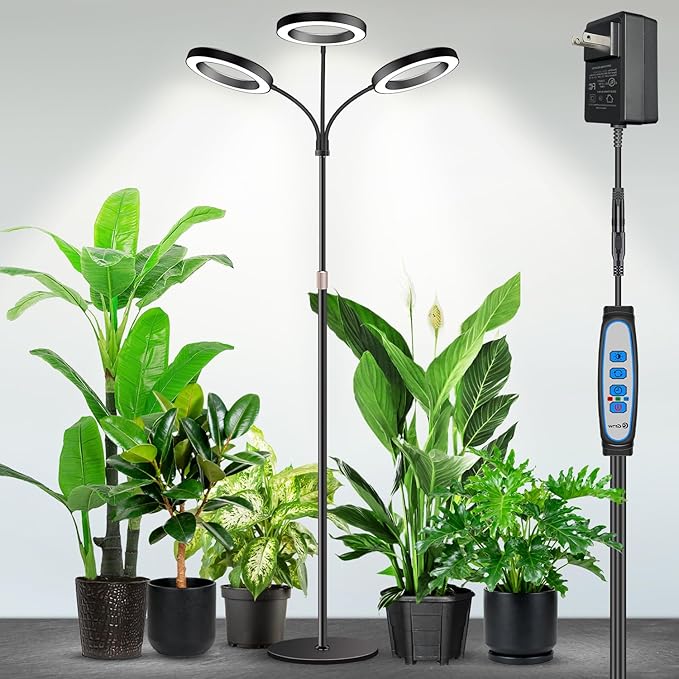 Garpsen Halo Floor Grow Light, Three-Head Full Spectrum LED Plant Light with Base, 5 Dimmable Levels & Timer 6/12/16H, 3 Color Modes Grow Lamp with 252 LEDs, 67''Height Adjustable for Large Plants