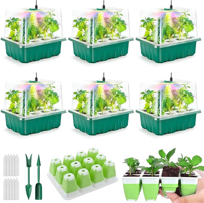 Seed Starter Tray with Grow Light, 72 Cells Indoor Seed Starter Kit, Flexible Silicone Seedling Starter Trays, Germination Tray Kit with Humidity Dome & Lids(4in Height), Reusable & Dishwasher Safe