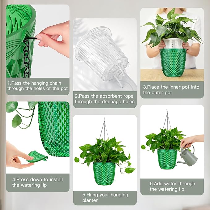 QCQHDU Hanging Planters for Indoor Plants, 2-Pack 5.7 Inch Self Watering Hanging Pots, Plastic Plant Hanger with Drainage Holes and 3 Hooks Chains for Garden Home (Emerald)