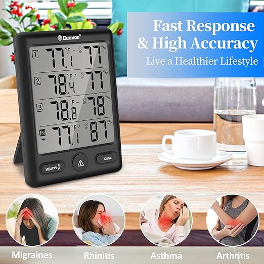 Geevon Indoor Outdoor Thermometer Wireless with 3 Remote Sensors, Digital Hygrometer Thermometer, Wireless Temperature Humidity Monitor Gauge with 200FT/60M Range