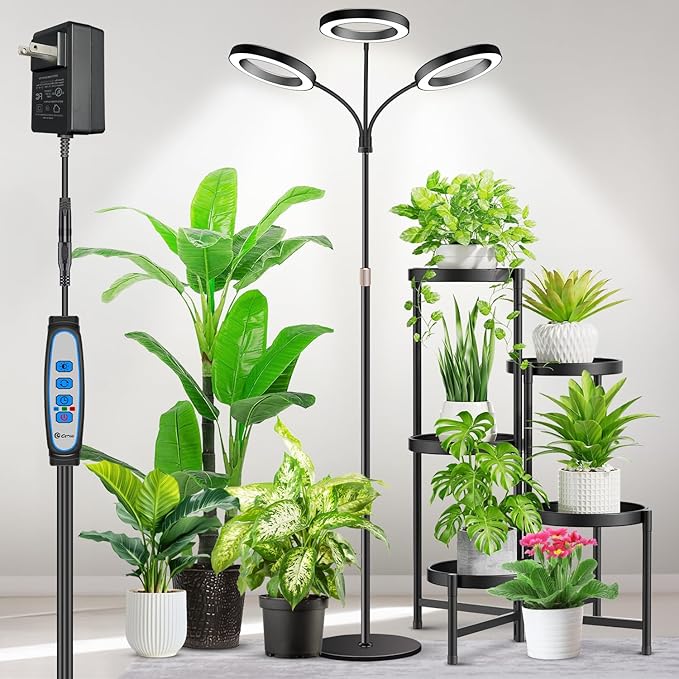 Aumtrly Grow Lights for Indoor Plants, 3 Head Full Spectrum Plant Light with 68" Adjustable Stand for Growing Large Tall Plants, Black Halo Floor LED Grow Lamp with 16 Hour Timer