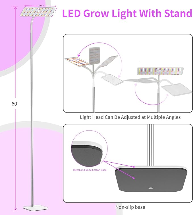 KINGPLUS Grow Lights with Stand, Full Spectrum Growing Light for Indoor Plants, 120 LEDs, 4 Dimmable Levels, Timer 4/8/12h, 12-60inches Height Adjustable,18w, Ideal for Desk Small Plants