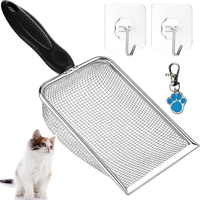 itPlus Cat Litter Scoop, Stainless Steel Cats Sturdy Mesh Scooper Kitty Metal Scooper Long Handle Scooper Shovel Sifter for All Litter Types Metal Cat Scooper for Litter Box