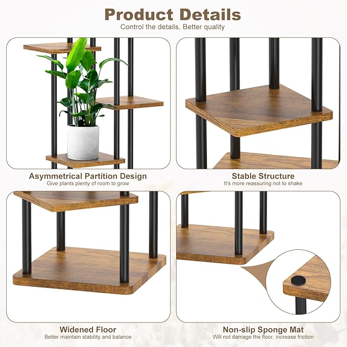 6 Tier Plant Stand Indoor, Thickened Metal Wood Corner Plant Shelf Stands for Multiple Plants, Indoor Tall Plants Stand Tiered Flower Holder for Living Room Patio Garden Balcony(Black+Brown)