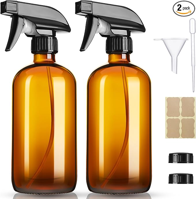 GIVAMEIHF 16oz Amber Glass Spray Bottles,2 Pack Glass Spray Bottles Refillable Empty Bottle with Adjustable Nozzle,Spray Bottle for Essential Oils,Cleaning,Pets,Hair Mister