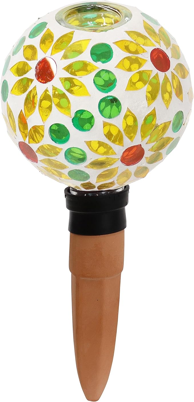 Sunnydaze Mosaic Glass Plant Watering Globe with Clay Spike - Decorative Self-Watering Planter Insert - Water Dripper for Plants - 9.5" - Bright Blooms