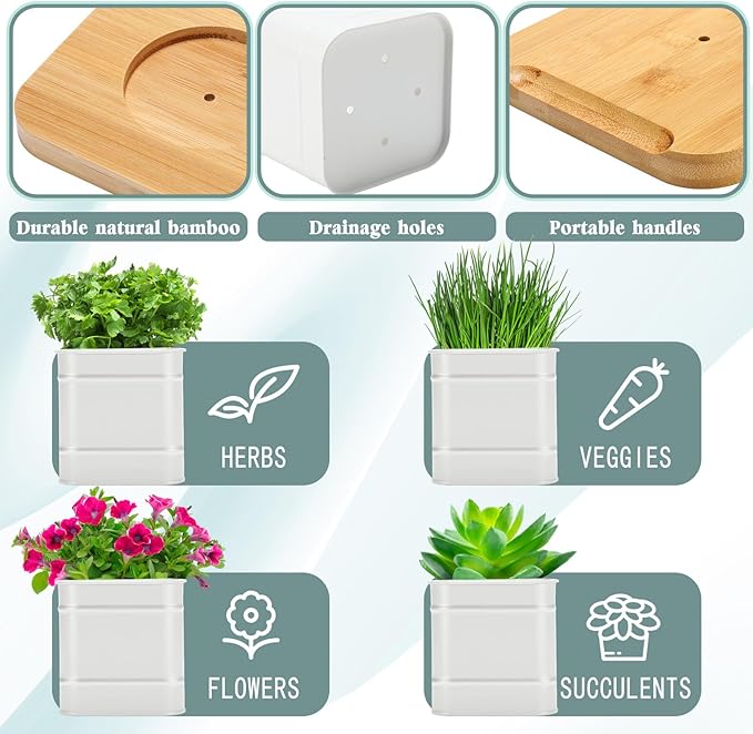 LemonRoad 6 Pcs Indoor Herb Planter Window Herb Pots for Kitchen with Drainage Hole and Bamboo Tray Farmhouse Metal Garden Planter Pot with DIY Label Mom Plant Gift(White,Square)