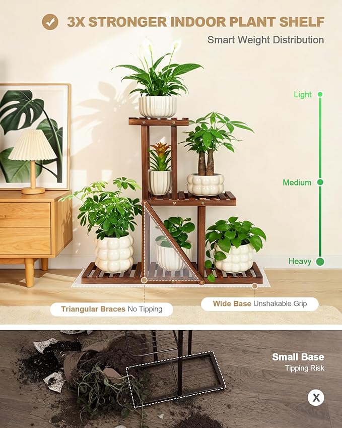 3 Tiered Narrow Wooden Indoor Plant Stand Shelf for Multiple Plants, Corner Flower Stand Shelf Outdoor , House Floor Plant Holder Rack for Living Room Balcony Patio Garden Office,Rustic,Space Saver