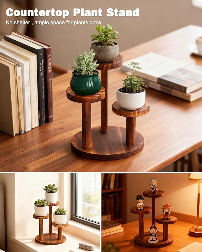 3 Tier Table Top Plant Stand Wooden Round,Small Window Sill Plant Shelf Indoor,Mini Desk Flower Succulent Stand Holder Rack,Little Display Stand for Desktop,Windowsill,Countertop,Kitchen,Oil Painting