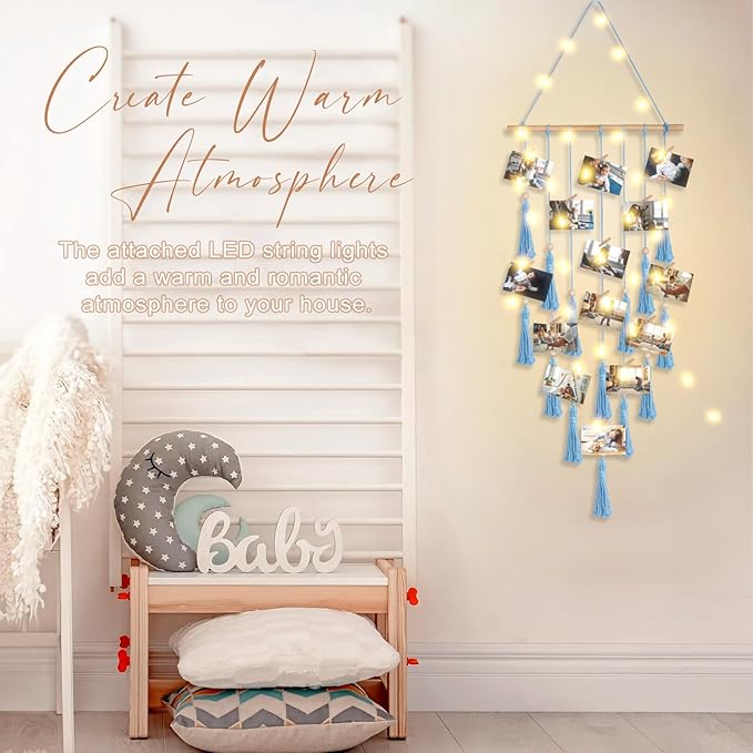 ANROYE Macrame Hanging Photo Display, Picture Holder with 30 Clips for Bedroom Wall, Polaroid Boho Gallery Hangers with LED Light String, Room Decor Gifts for 10 11 12 13 14 Year Old Teen Girl