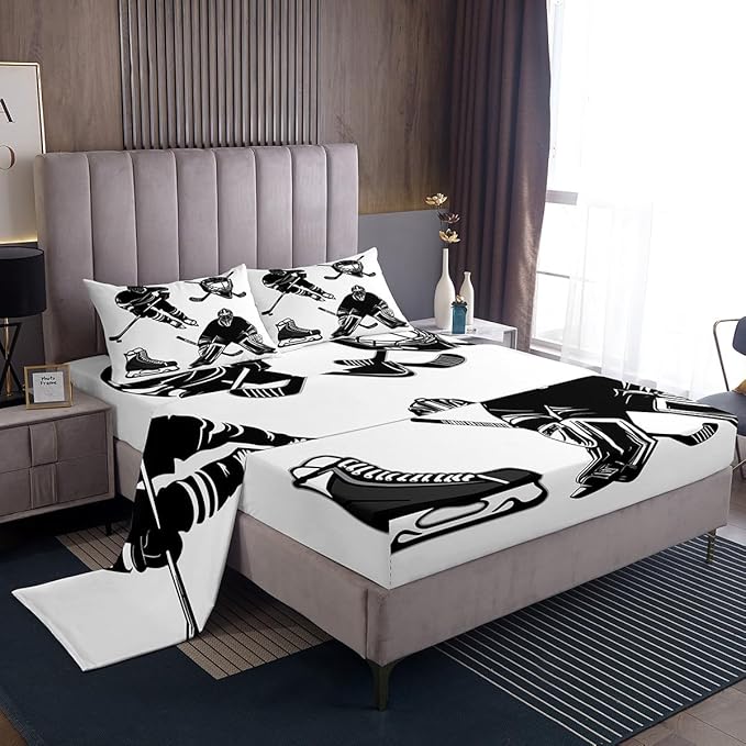 Feelyou Boys Ice Hockey Bedding Set for Kids Children Hockey Player Printed Bed Sheet Set Decorative Sports Event Bed Sheets Black White Winter Sports Sheets Set Full Size 4 Pcs