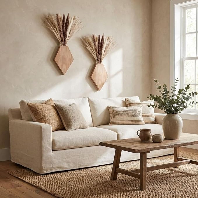 2 Pcs Bohemian Wooden Wall Planter Set with Pampas Grass Modern Farmhouse Wall Decor for Living Room, Bathroom, Bedroom, Office(Original Wood Color,Regular Style)