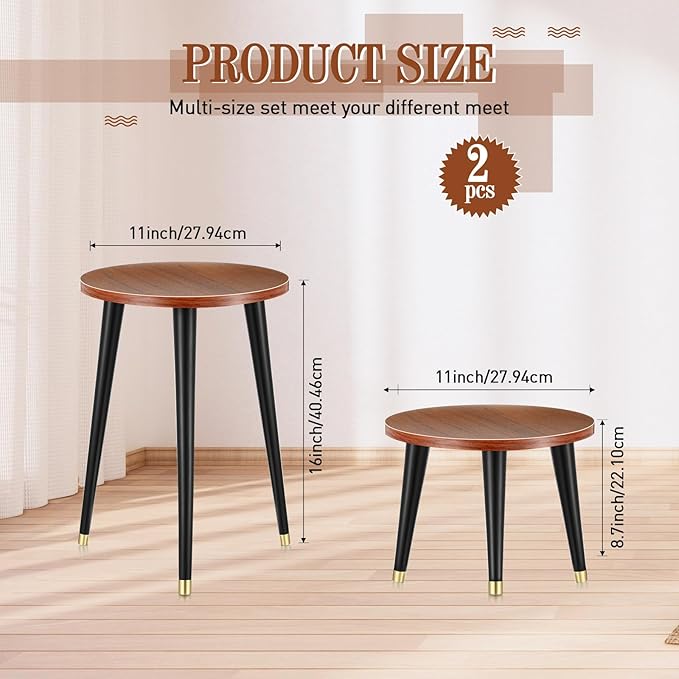 Briwooody 2 Pcs Indoor Plant Stand Mid Century Vintage Wood Modern Flower Pots Holder Round Side Table End Table Plant Stools for Living Room Corner Balcony Decor(Walnut Wood Color)
