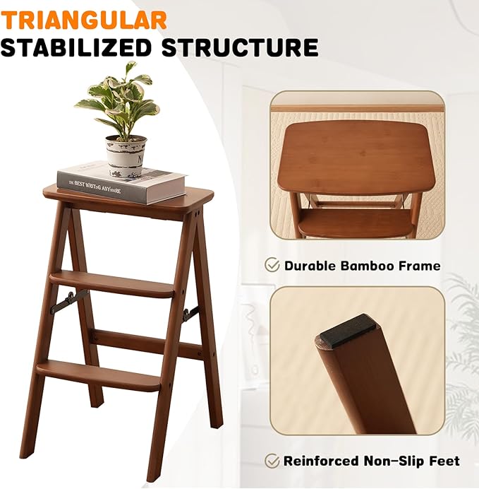 Baveke 3 Step Ladder Folding Step Stool, Wooden Step Stool Foldable, Folding Step Stools for Adults, Bamboo Kitchen Ladder, Three Stepladder for Library (Brown, FSC-Certified Bamboo)
