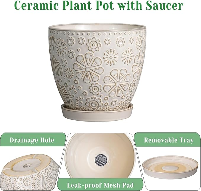 MPotTo 10 Inch Ceramic Planter Pot Large Plant Pot for Indoor Plants Outdoor Round Flower Pot with Drainage Hole and Saucer for Home Garden Decor White