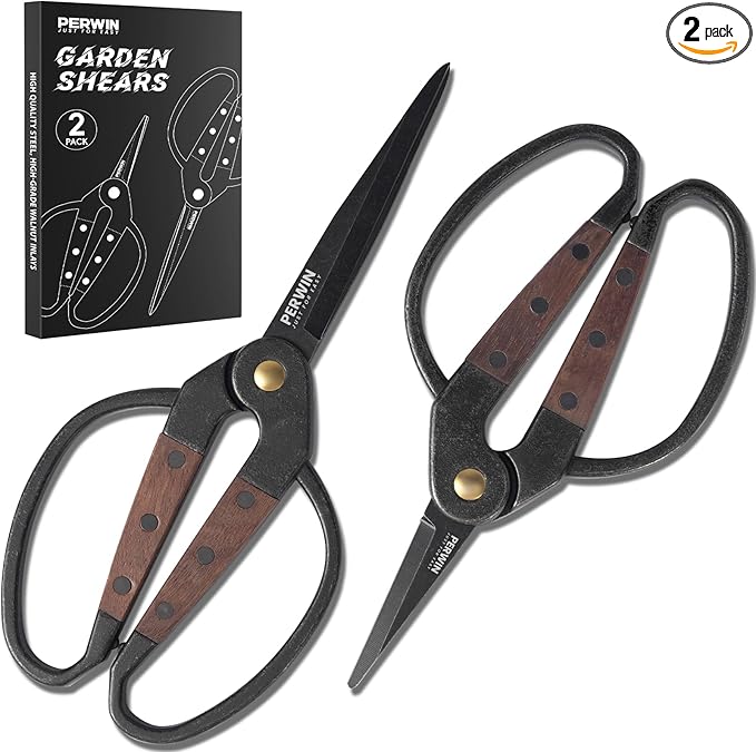 PERWIN Garden Flower Bonsai Scissors 2 Pcs Walnut Wide Handles Pruning Gardening Scissors Floral Shears for Gardening,Succulent Harvest, and Precision Plant Trimming Care