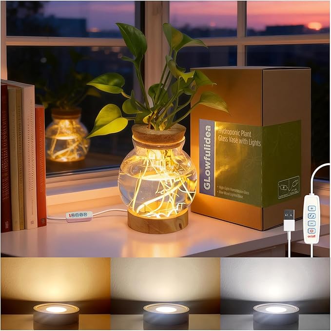 Plant Propagation Station with 9-Level Adjustable LED Light, Glass Planter Station with Waterproof Lighted Wooden Base, Desktop Hydroponic Plants Terrarium Vases Jars for Home & Office Decor