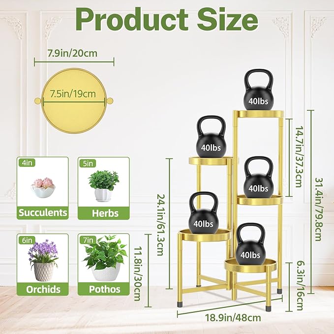 iDavosic.ly Plant Stand Indoor Outdoor, 5 Tier Corner Metal Flower Display Holder Shelf, Folding Tall Orchid Rack for Patio Balcony Porch Garden Living Room House, Gold