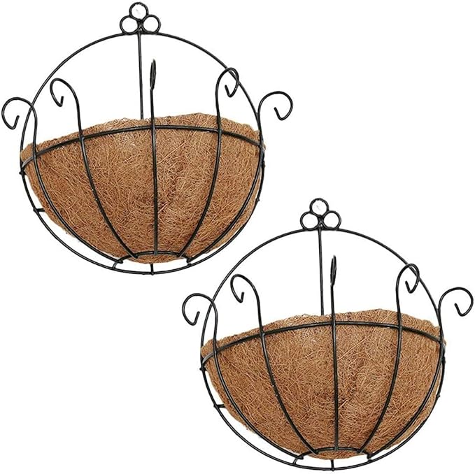 Metal Half Round Wall Planter with Coco Liner, 2-Pack, Hanging Basket for Outdoor Plants, Wall Pot Plants Holder, Fence Hanging Planters Outdoor, Balcony and Porch Decor (12" x 2 Pack)