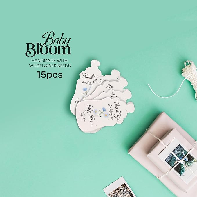 15pcs Blue Baby Bottle-Shaped Gift Tags with Wildflower Seeds - Writable Gift Wrap Tags for Baby Showers, Mother's Day Present, Party Favors, DIY Crafts, & Earth Day Decorations