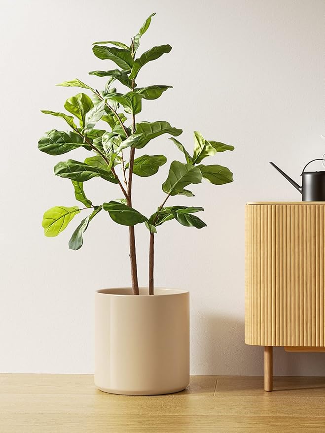 LE TAUCI 12 Inch Pot for Plants, Ceramic Planters for Indoor Plants, Mid-Century Modern Cylinder Flower Pots with Drainage Hole, Fits Fiddle Leaf Fig & Monstera, Home Decor, Sand Beige