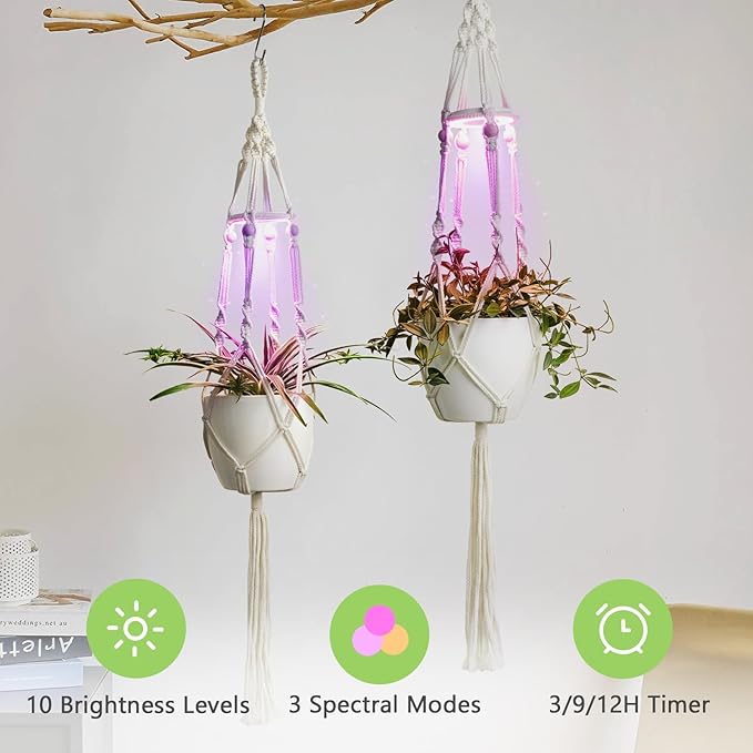 2 Pack Macrame Plant Hanger with Grow Light: Boho Hanging Planters with Light for Indoor Plants, Ideal for Apartments, Small Spaces, Low-Light Rooms (GrowPro Spectrum)