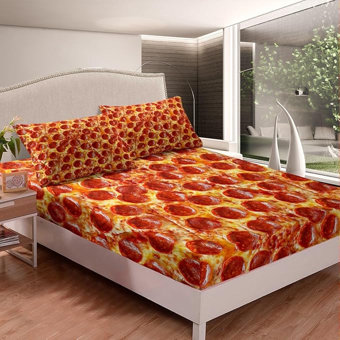 Feelyou Twin Bed Sheets Set for Kids Bedroom Decor Pizza Sheet Set Pepperoni Be Print Bedding Set Soft Lightweight Funny Delicious Pizza Theme Bed Cover with Flat Sheet, Fitted Sheet, Pillow Case