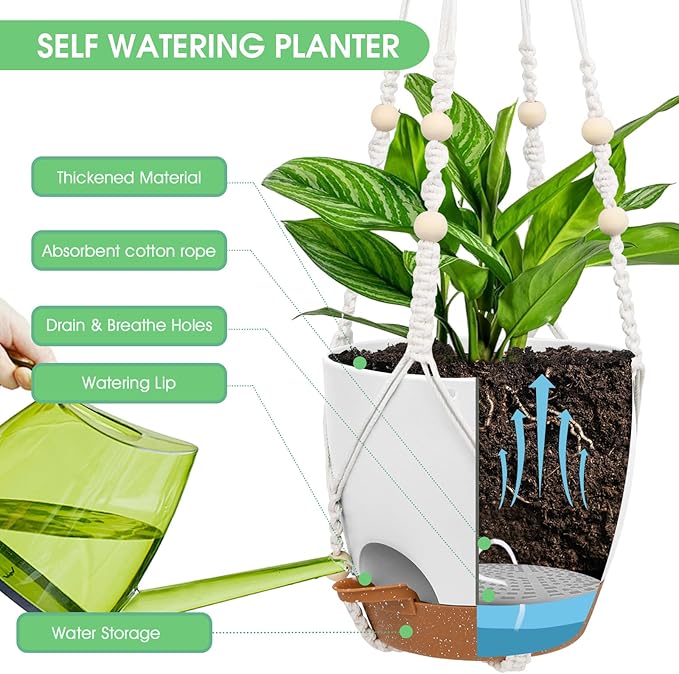 Vanslogreen Hanging Planters for Indoor Outdoor Plants, 2 Pack Self Watering Hanging Pots, Hanging Plant Baskets with Drainage Holes & 2 Types of Plant Hangers (Green, 6'')