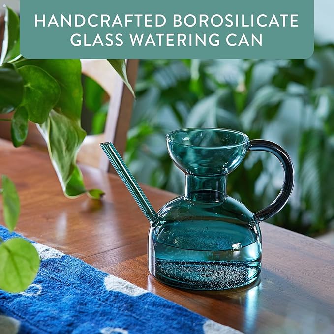 Modern Sprout Plant Watering Can - Handcrafted from Borosilicate Glass - Long Spout Vessel for Indoor Plants - 32 Oz Capacity - Multipurpose Watering Can and Flower Vase for Houseplants (Teal)