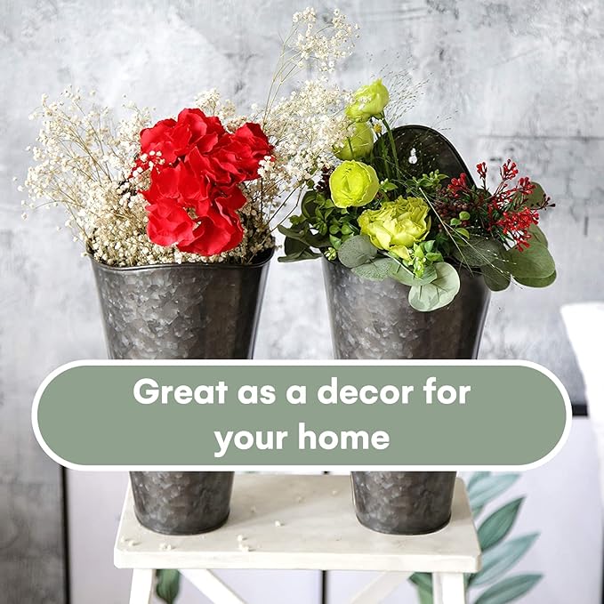 Galvanized Wall Planters - Two (2) Large Premium. Farmhouse Metal Hanging Vase. Rustic Decor. Tall Container for Easter Flowers or Planets. Tin Style Bucket or Pocket