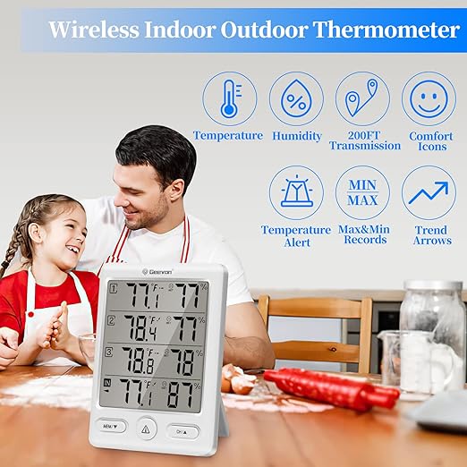 Geevon Indoor Outdoor Thermometer Wireless with 3 Remote Sensors, Digital Hygrometer Indoor Thermometer, Temperature Humidity Monitor Gauge with 200FT/60M Range