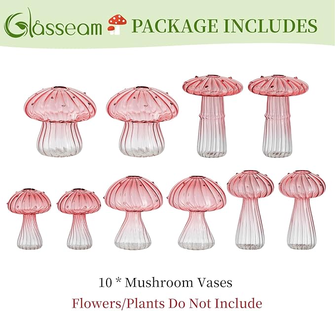 Glasseam Pink Glass Mushroom Vase: Cute Small Flower Vase Set of 10 Unique Mini Bud Vases for Centerpieces Decorative Vases for Flowers Funky Plant Vase Decor