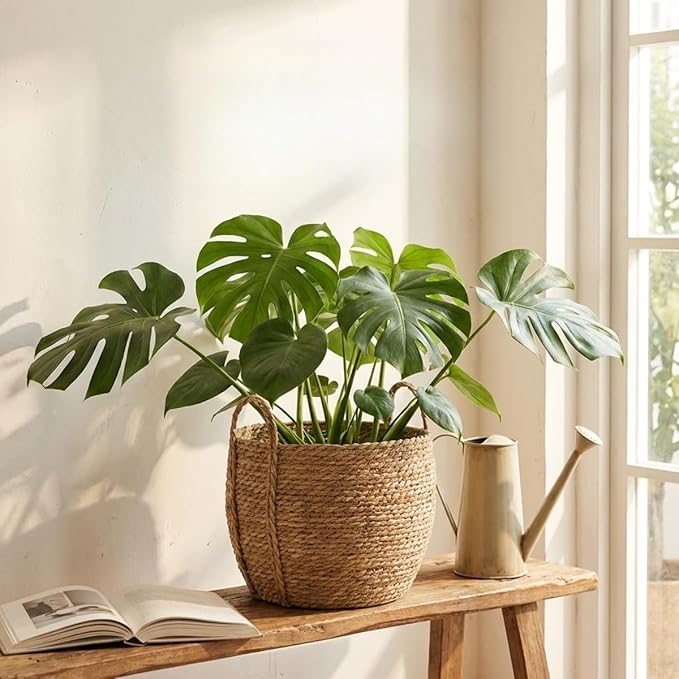 10 inch Large Seagrass Woven Planter Basket with Handles - Wicker Planter Basket with Plastic Film Insert for Indoor Plants, Large Monstera Pot, Woven Storage Basket, Boho Home Decor