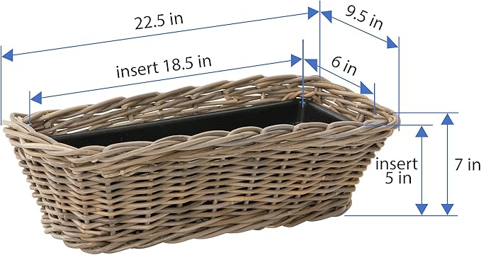 Kouboo Rectangular Rattan Planter Basket with Handles 2.5 Gallon Plastic Pot Liner with Drain Holes Included No Saucer Indoor and Outdoor Use