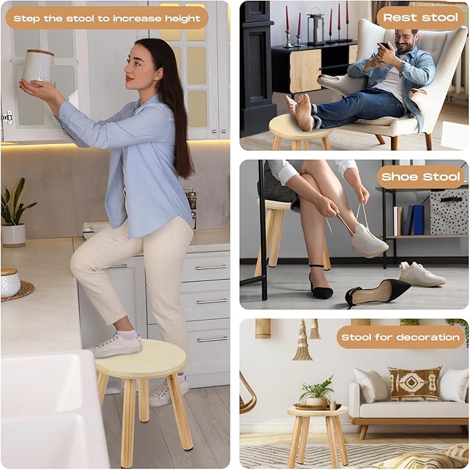 Wenqik 4 Pcs Wooden Step Stools 10 Inch Stool Matched Sensory Table Multi Purpose Solid Chair Round Small Chairs Four Legged Sitting Stool for Classroom Bedroom Playroom