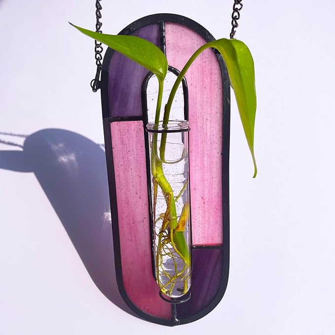 LITMIND Plant Propagation Station, Hanging Hydroponic Planter Terrarium with Vibrant Stained Glass Suncatcher Elements - Perfect for Home & Garden Decor, Includes 2 Glass Propagation Tubes
