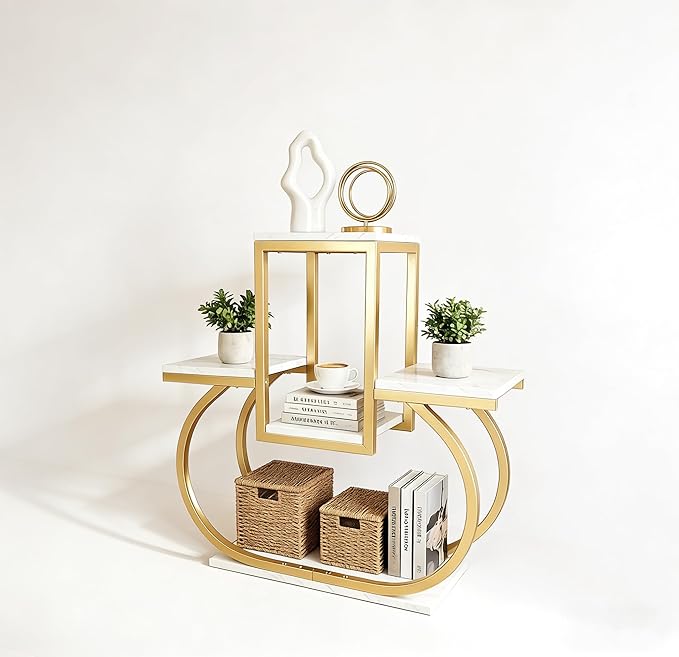 Gold Metal Corner Plant Stand for Indoor & Outdoor Use – Tiered Multi-Tier Flower Pot Holder for Living Room, Bedroom, Balcony – Modern Home Decor Storage Rack With Marble-Patterned Shelves