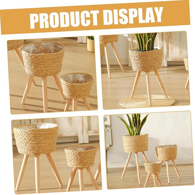 Wood Woven Plant Pot Stand with Legs Durable Minimalist Flower Basket for Indoor and Outdoor Use for Home Decor and Garden Display