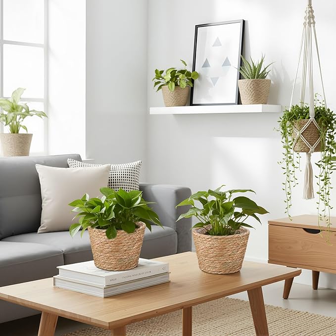 4 Pcs Straw Plant Baskets Indoor Rattan Woven Flower Baskets with Plastic Liner, Cattail Plant Planter for Indoor Outdoor Rustic Boho Home Farmhouse Floor Potted Pots Decor
