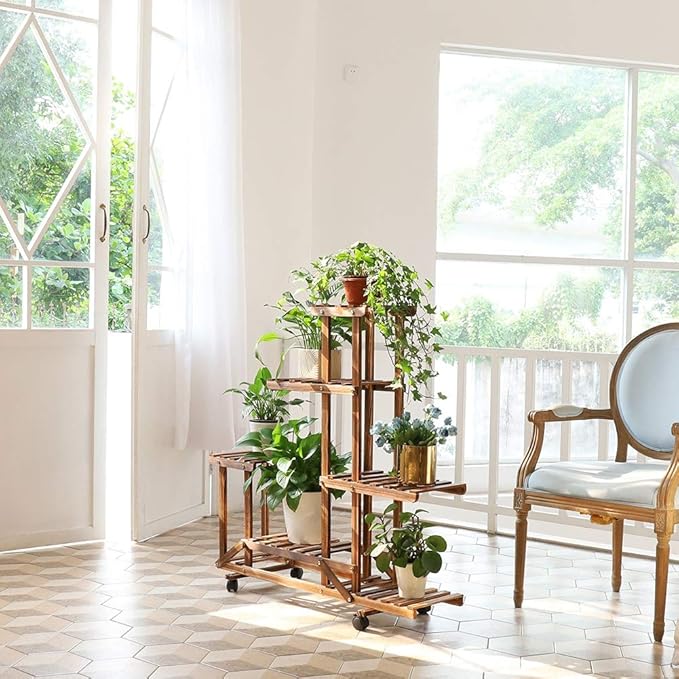 unho Plant Stand with Wheels: 6 Tiered Wooden Shelf Rolling Storage Rack Holder for Patio Garden Livingroom Balcony Yard Indoor Outdoor Display Potted Flowers Succulents Herbs